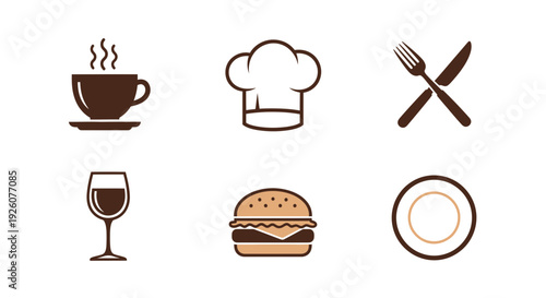 Six brown and tan food and drink icons arranged in two rows