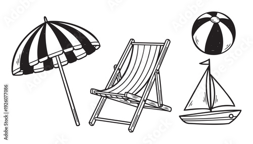 Hand drawn style vacation objects like a striped parasol, a foldable lounge chair, an inflatable toy, and a boat for summer holiday travel promotions.