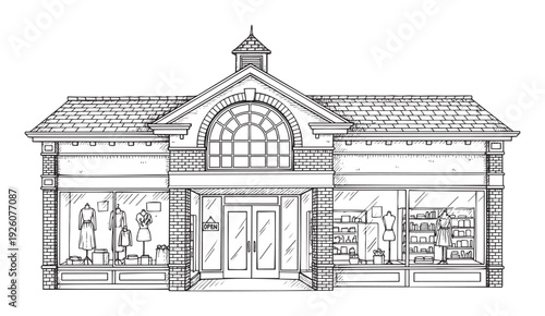 Traditional black and white line drawing of a boutique storefront featuring large display windows with mannequins and an inviting entrance, perfect for business promotions and architectural