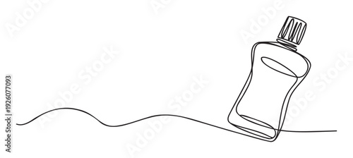 Mouthwash bottle continuous line drawing on a dynamic wavy line perfect for oral hygiene product branding and dental care advertising campaigns