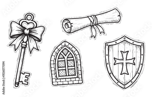 Detailed handdrawn set of antique historical elements including an ornate key, a tied parchment scroll, a gothic stone window, and a knightly shield, suitable for book illustrations and