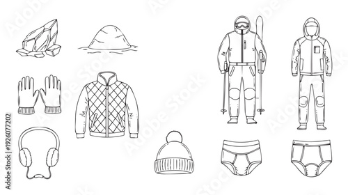 Winter sports equipment and cold weather apparel including ski suits, jackets, gloves, hats, earmuffs, and undergarments, ideal for seasonal activity guides or clothing catalogs