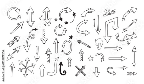Collection of hand drawn doodle arrows in various shapes directions and styles suitable for graphic communication user interface navigation or directional guidance applications