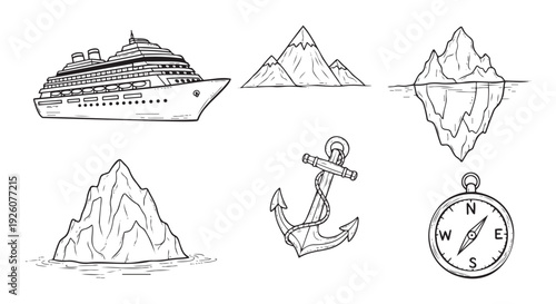 Maritime exploration collection showcasing a modern cruise ship, towering icebergs, majestic mountains, and essential navigation tools like an anchor and compass for travel and adventure