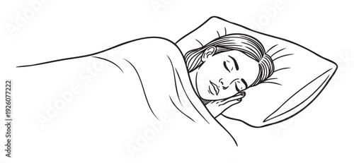 Line drawing of a young woman sleeping peacefully on a pillow under a blanket, illustrating good health and comfort for sleeprelated content and lifestyle campaigns.