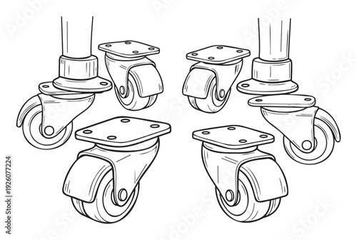 Various types of robust industrial caster wheels with swivel and fixed mounts suitable for furniture, carts, and equipment, perfect for manufacturing catalogs and mechanical engineering