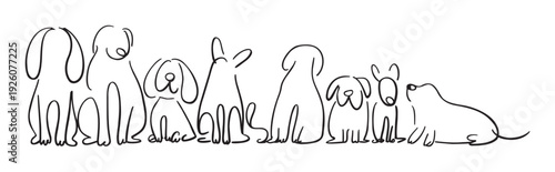 A charming continuous line drawing of multiple happy dogs sitting in a row, perfect for pet care product packaging or cheerful veterinarian office decorations.