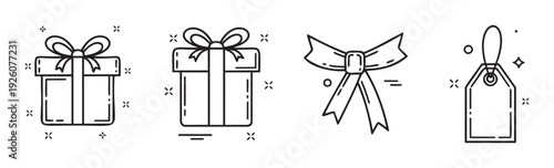 Modern line style gift box and festive ribbon bow icons with price tag decorations for holiday shopping promotions, celebration invitations, and special occasion marketing assets.