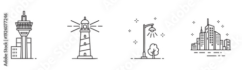 Collection of simple line icons featuring a distinctive city tower, a guiding lighthouse, an illuminating street lamp, and a modern cityscape, ideal for travel and urban themed projects.