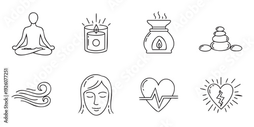 Collection of minimalist line icons representing wellness, mindfulness, stress, and emotional states, suitable for use in health applications and spiritual wellbeing content.