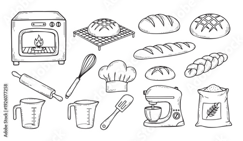 Black and white line drawing of various baking essentials including fresh bread loaves, a traditional oven, cooking utensils, and flour, ideal for culinary website headers or recipe book