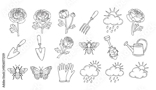 A comprehensive collection of handdrawn gardening tools, beautiful ranunculus flowers, busy insects, and rainy weather elements perfect for spring season projects and natureinspired themes
