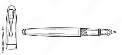 Elegant old style writing instrument with a decorative nib and detached cap suitable for publishing projects, antique shop promotions, or academic stationery themes.