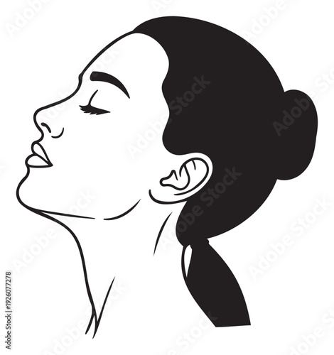 Elegant monochrome illustration of a womans serene profile with eyes closed and head gently raised, evoking feelings of peace and introspection, perfect for wellness and selfcare media.