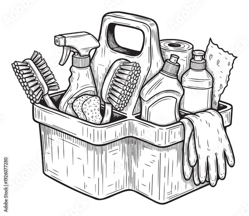 A utility caddy filled with essential household cleaning supplies including brushes spray bottles and detergents perfect for home maintenance or professional janitorial service promotions