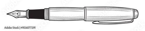 Detailed black and white drawing of a classic fountain pen, an elegant writing instrument with an ornate nib, ideal for educational materials, professional stationery, and literary project