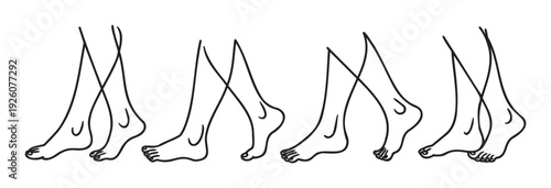 Abstract black line drawing of human legs and feet illustrating various walking stages for use in health fitness and movement themed educational materials