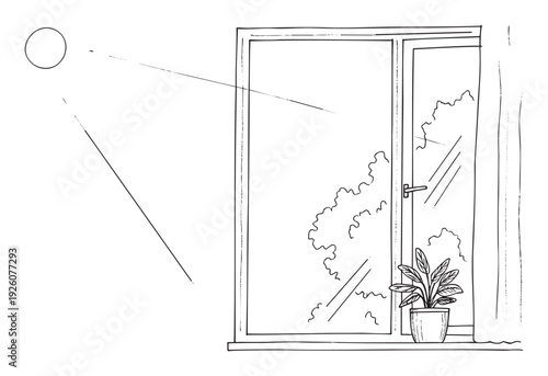 Outline drawing of sun rays entering a window with a houseplant on the sill and outdoor trees, suitable for educational materials, interior design concepts, or peaceful visuals
