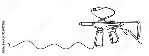 Continuous line drawing of a modern paintball gun symbolizing dynamic sports competition and active outdoor recreation perfect for game event advertisements