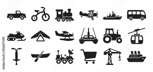 Detailed collection of black silhouette icons showcasing a wide range of transportation methods and machinery, perfect for modern graphic design, educational content, and digital
