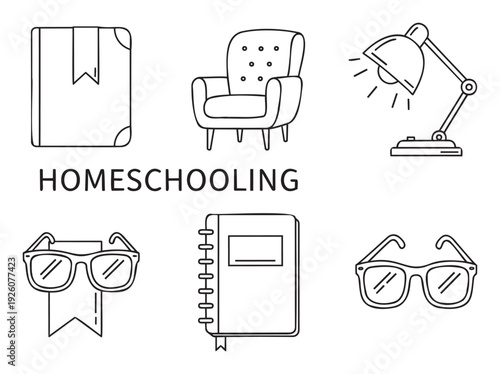 Homeschooling education set with line icons of books, glasses, a desk lamp, armchair, and notebook, perfect for school applications and learning programs