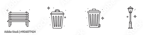 Simple outline icons of essential outdoor public space items including a park bench, garbage bins, and a street lamp, perfect for urban environment graphic interface designs or
