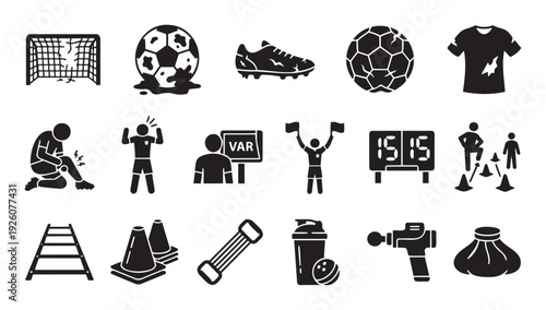 Soccer and football game equipment, training accessories, player injury, referee decisions, and recovery tools for sportsrelated graphic content and digital media