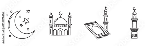Collection of spiritual line art icons depicting crescent moon, stars, a traditional worship building, a prayer mat, and a towering minaret, ideal for holiday greetings or educational
