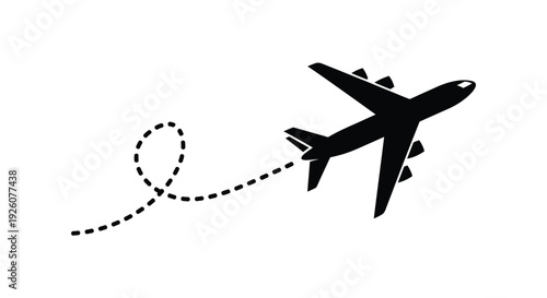Simple black silhouette of an airplane with a dotted flight path