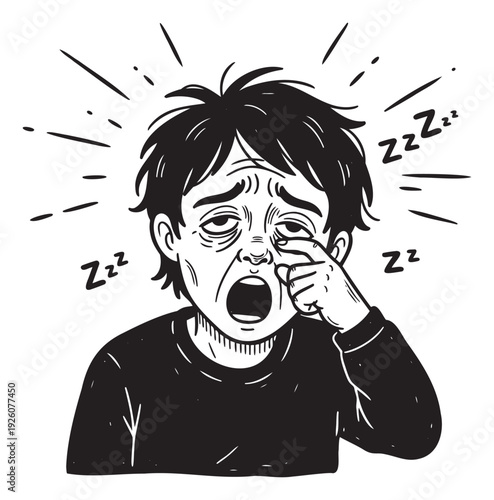Exhausted person yawning and rubbing their tired eye with dark circles, conveying fatigue and lack of sleep, suitable for health, wellness, or stressrelated topics.