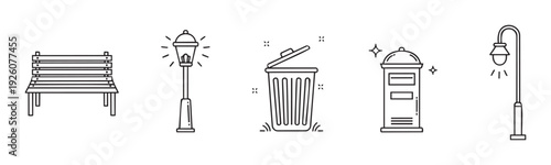 Collection of outline icons representing public amenities including a park bench, two different street lights, a trash bin, and a public mailbox, ideal for urban planning graphics and