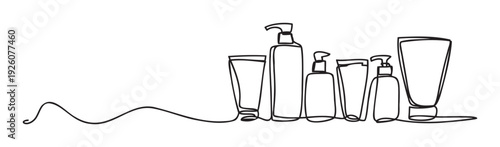 Minimalist continuous line drawing of various cosmetic and personal hygiene product bottles suitable for spa branding, wellness promotions, or simple product packaging graphics