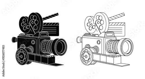 Vintage film cameras illustrated in black and white line art style