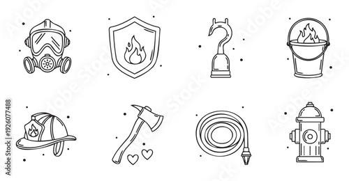 A collection of essential firefighting and emergency safety equipment symbols, perfect for safety guides, educational materials, and public awareness campaigns