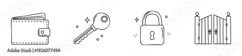 Set of essential outline icons representing financial security, access control, and property protection for use in various business and personal finance applications.