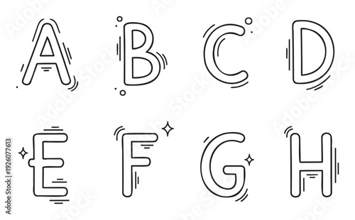 Expressive outlined uppercase letters from A to H with vibrant graphic elements, ideal for educational purposes, energetic branding, and contemporary graphic communication.