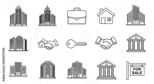 Real estate and business icons in a simple line art style