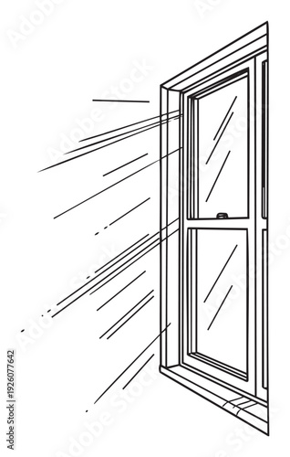 A simple line drawing depicts an open window with strong wind and rain blowing inside, symbolizing adverse weather conditions or a need for home insulation solutions.
