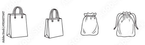 A versatile collection of black line art outlines showcasing shopping bags with handles and drawstring pouches, suitable for ecommerce, retail packaging, and minimalist graphics projects.
