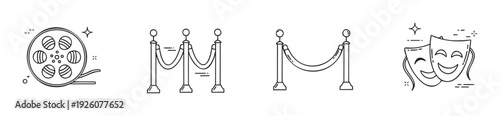 Collection of line icons representing the entertainment industry featuring a film reel, elegant red carpet stanchions, and expressive theater masks for various media projects and