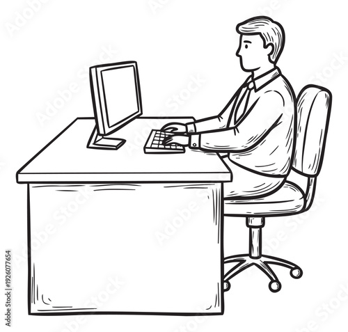 A focused male professional diligently typing on a computer keyboard at his office desk, suitable for depicting workplace activity, digital work, and corporate environments.