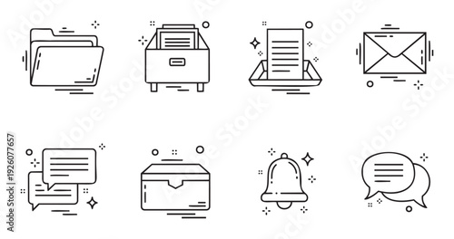 A collection of essential business and communication outline icons featuring folders, documents, emails, chat bubbles, and notification bells, ideal for modern web and application