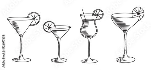Collection of handdrawn outline cocktail glasses with fruit garnishes and straws, perfect for beverage menus, party invitations, or elegant bar decor