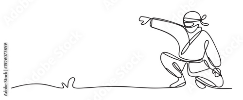 A continuous line drawing of a ninja in a martial arts pose with an extended arm, perfect for conveying stealth, precision, or dynamic movement in sports, education, or entertainment