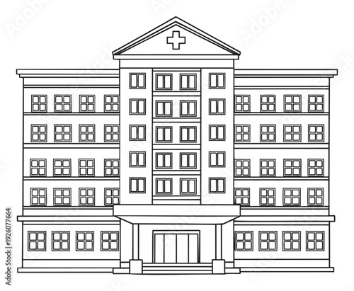 Outline drawing of a large hospital building featuring multiple floors and numerous windows, ideal for healthcare industry graphics and educational materials