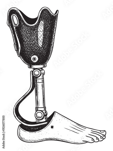 Detailed graphic representation of a modern prosthetic leg with intricate components useful for educational anatomy diagrams and medical brochures
