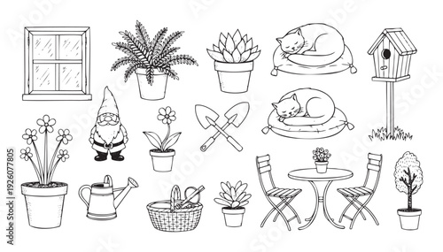 Charming black and white outline drawings of garden and home elements including potted plants, sleeping cats, gardening tools, window, and outdoor furniture, ideal for coloring books,