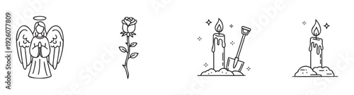 Funeral and memorial themed line icons depicting an angel, a beautiful rose, and glowing candles with a shovel, suitable for condolence cards, grave markers, or spiritual ceremonies.