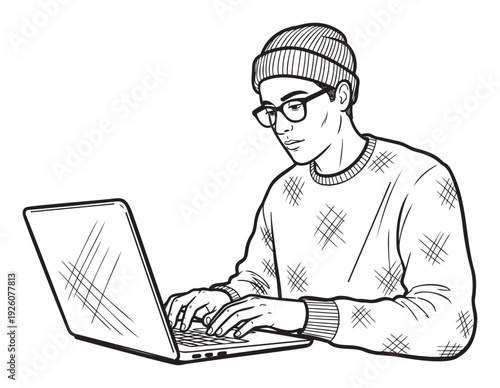 A focused young man wearing a beanie and glasses diligently typing on a laptop, perfect for depicting modern student life, remote work, or technologyrelated educational content for various