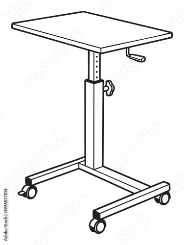 Adjustable mobile table line drawing depicting a versatile medical or home furniture piece for patient convenience and workspace flexibility for various settings